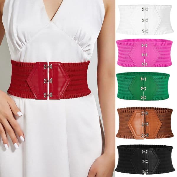 Vibrant Triple Buckle Elastic Waistband Ruffles Wide Belt Elegant Decorative Dress Girdle for Women with Adjustable Strap 251008