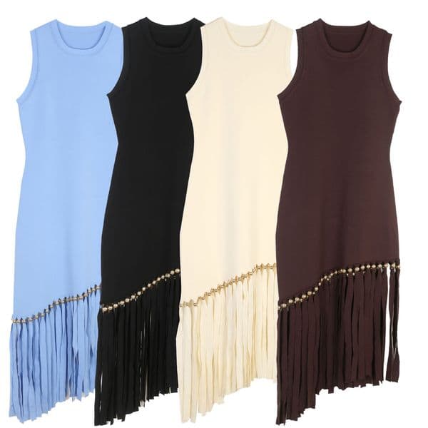 25-/Xiaoxiang colorful summer san/dr sleeveless French slim fit round neck tassel beveled hem knitted dress for women