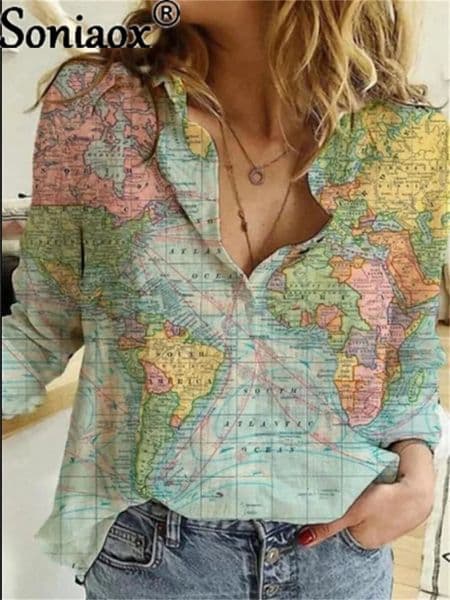 Harajuku Blouse Shirt Lapel Button World Map Print Long Sleeve Loose Casual Tops Summer Plus Size Clothing 251008BANJIA