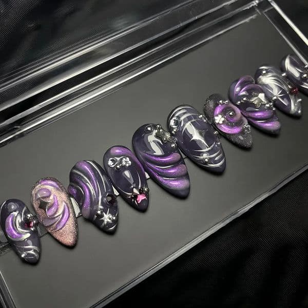 24pcs Dark Purple Pearlescent Fake Nails y2k Press On Acyrlic Nails Long Almond Flash Stars False Nails 3D Ripple Decor Wearable 251013