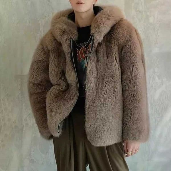 Autumn Winter New Mens Fox Fur Coat Fashion Thicken Hooded Jacket Temperament Leisure Warm Imitation Fur Jacket Street W251014