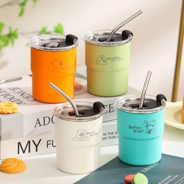 300ml Cups With Straw Portable Stainless Steel Tumbler Coffee Cup Travle Mug Lid Heat Resistant Drinking Water 251013
