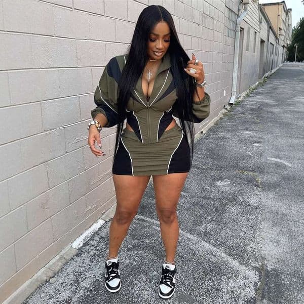 Cross-border New European American Style Sexy Sports Loose Casual Color-blocking Long Sleeve Jacket and Short Skirt Set for Women Light