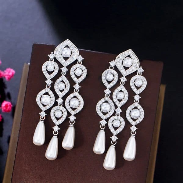 CWWZircons Big Sparkling Cubic Zircon Long Chandelier Drop Dangle Bridal Wedding Pearl Earrings Jewelry Accessories CZ469 251011