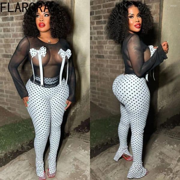 Women's Two Piece Pants FLARORA Sexy Polka Dot Sets Woman Mesh See Through Bows Tops And Skinky Set Female Midnight Clubwear Outfits