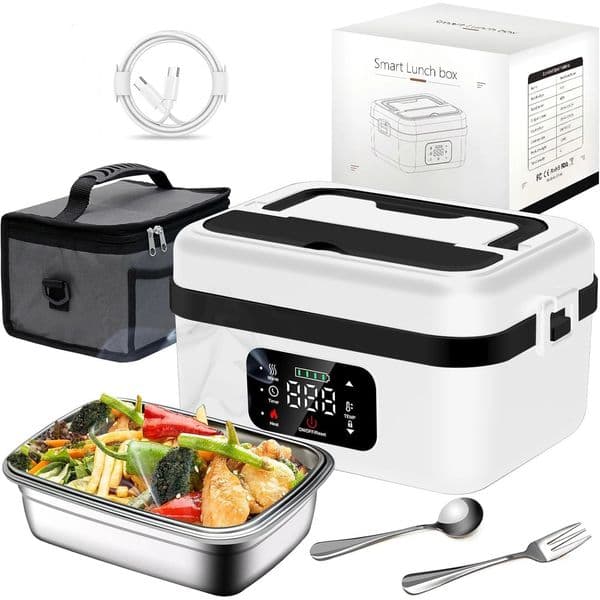 8000mAh Rechargeable Timer Automatic Heating Lunch Box 1L Portable Food Warmer with Fork and Spoon Insulated Carrying Bag 251013BJ