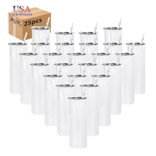 25pcs 20oz Sublimation Blank Skinny Tumbler Straight Stainless Steel Insulated Tumblers With Plastic Straws Wang 251013BJ