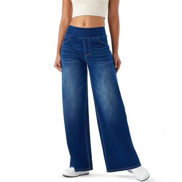 European and American High-Waisted Wide-Leg Washed Jeans Elastic Waist Draped Straight-Leg Slimming Loose Trendy Denim Long Pants for Women