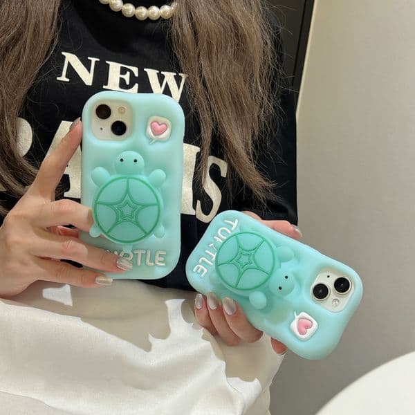 Cute 3D Luminous Stand Turtle Glowing Phone Case for iPhone 16 Pro Max - Stand & Grip with Turtle Glowing Design - Girly Aesthetic Kawaii Soft Silicone Phone Co