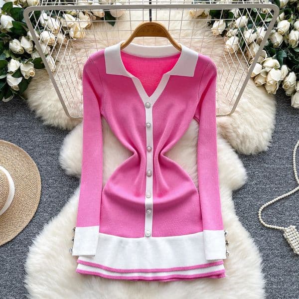 Chic Elegant long sleeve Single Breasted Knit dress Elegant Korean Fashion Vestidos Dress women clothing 251013