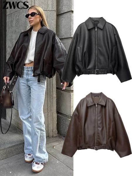 Vintage PU Leather Bomber Jackets 2025 Autumn Ladies Zipper Lapel Long Sleeve Pocket Coat With Belt Womens Loose Streetwear 251010