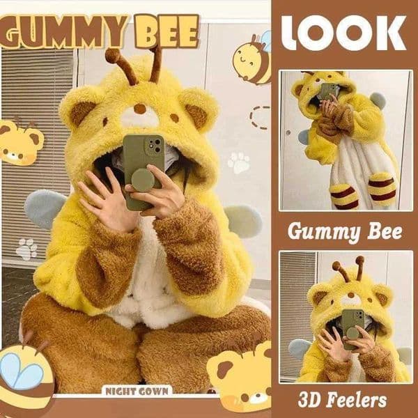 Women Pajamas Honey Bee Robe Flannel Hooded Nightgown Thickened Warm Cute Women Autumn Winter Coral Fleece Casual Clothing Y251013