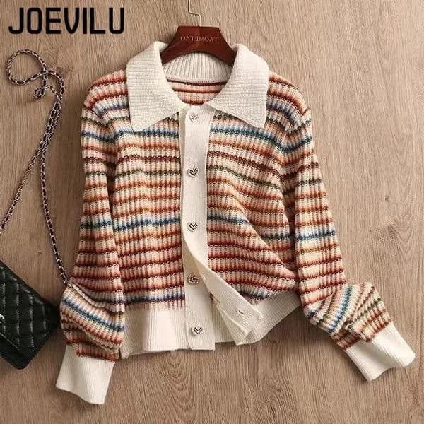 JOEVILU Rainbow Striped Sweater Polo Collar Loose Knitted Cardigans Womens Autumn Retro Fashion Pullover Top Casual Y2k Clothes 251014