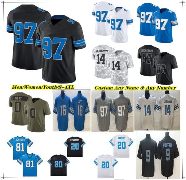 Jared Goff Football Jersey Jahmyr Gibbs David Montgomery Jameson Williams Amon-Ra St. Brown Sam LaPorta Jack Campbell 97 Hutchinson Barry Sanders Alex Anzalone Reed