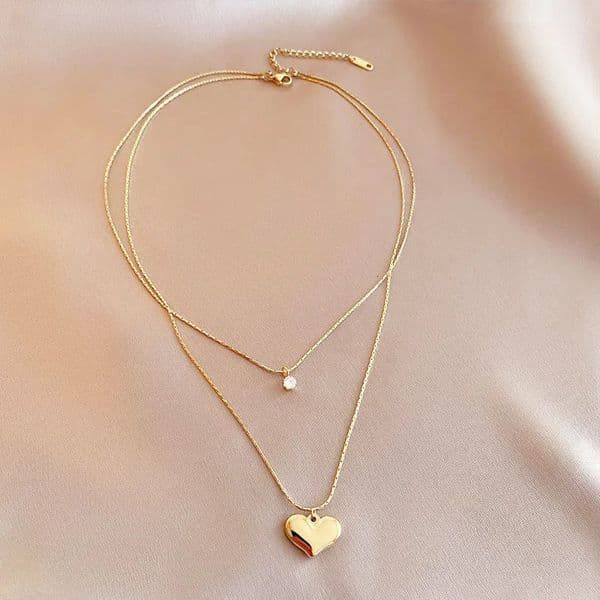 Stainless Steel 14K Gold Heart Pendant Necklace Womens Simple Chain Stylish Sense Jewelry Double Layer 251011