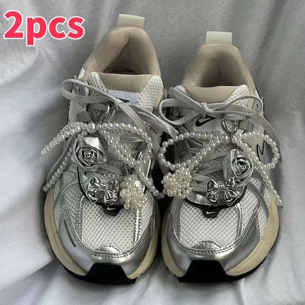 1pair Fashion Pearl Bowknot Shoelace Accessories Silver Jelly Color Bow Shoe Charms Sneakers Decorations DIY Phone Chain Jewelry 251014