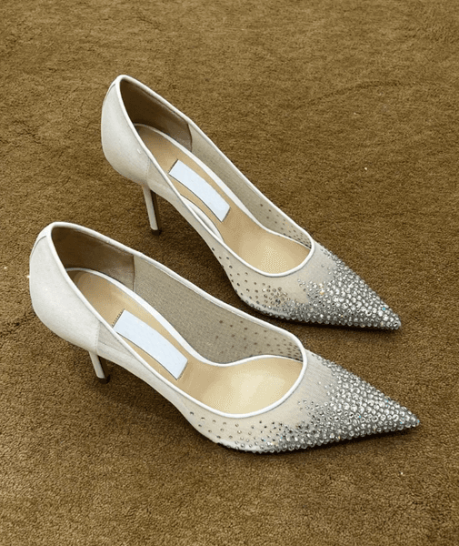 Women Mesh Crystal Embellished Sandal Love flats ballet Womens dress pump Bridal White Pumps Love Rhinestone Mesh Flats Women high heels Pointed Toe wedding party