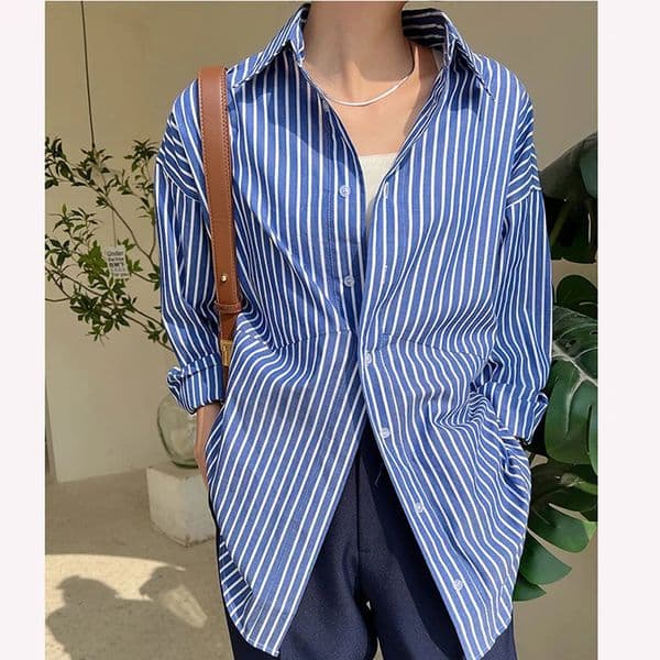 Retro Blue Stripe Women Shirts Korean Loose Button Office Female Blouse Autumn Preppy Style All Match Ladies Casual Tops 251008BANJIA