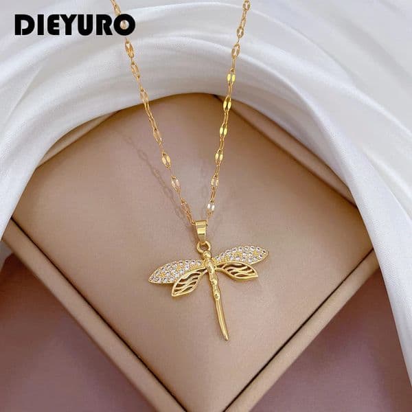 DIEYURO 316L Stainless Steel Personality Dragonfly Pendant Necklace For Women Fashion Girls Clavicle Chain Party Jewelry Gifts 251015