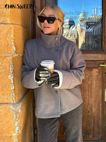 Fashion Womens Stand Collar Woolen Coats Long Sleeve Loose Female Short Coat 2025 Autumn Winter Office Lady Street Jacket 251013