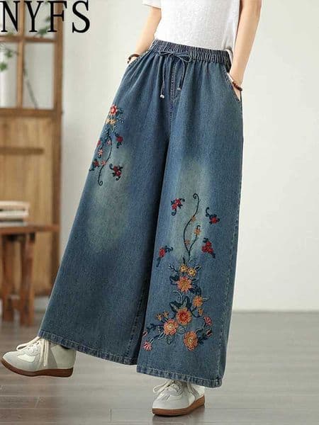NYFS 2025 New Summer Vintage Woman Jeans Loose Plus size embroidery Trousers Elastic Waist Thin Denim Wide Leg Pants W251015