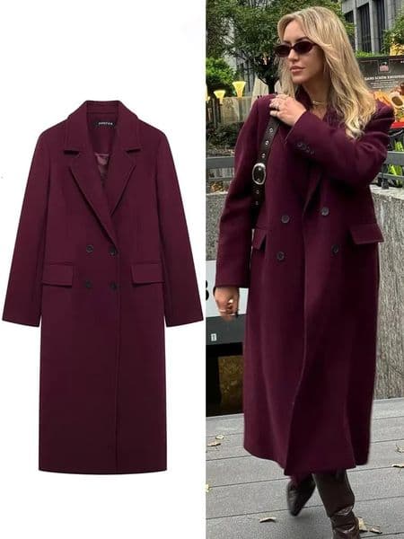 HH Women Fashion Burgundy Woolen Coat Double Breasted Long Sleeve Lapel Blends Jacket Autumn Winter High Street Outerwear 251013