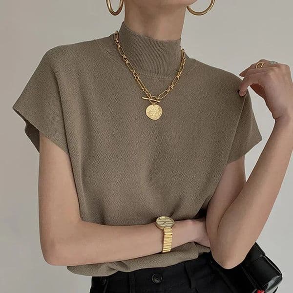 Solid Standup Collar Knitted Blouse Vest Short Sleeve Office Lady Casual Shirt Fashion Loose Elegant Straight Summer Tops 20397 251008BANJIA