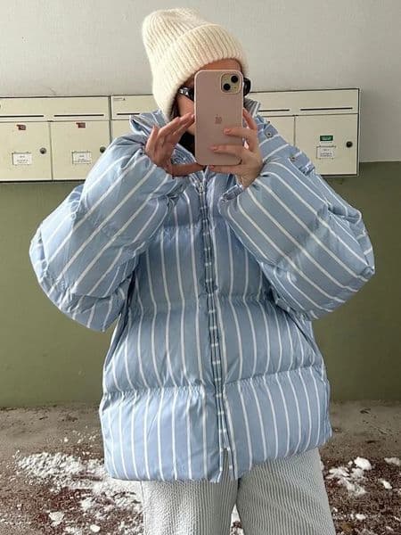 Striped Womens Winter Quilted Jacket Hooded Thicken Single Breasted Long Sleeve 2025 Casual Female Coat Chic Loose Outwear 251011