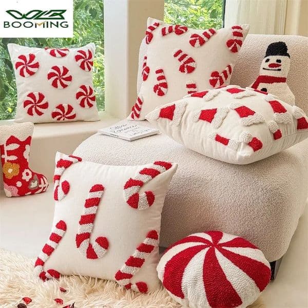 Christmas Pillowcase Christmas Hat Cane Pattern Hidden Zipper 3D Plush Pillowcase Years and Christmas Decoration 251011