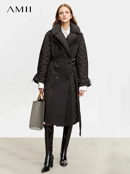 AMII Minimalist Winter Down Coats For Women Simple Warm Long Double Breasted Collar Detachable Female Jackets 12324016 251009