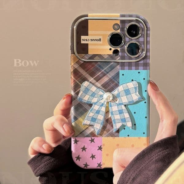 Compatible with iPhone 16 Apple Phone Case 17 Pro Max Colorful Plaid Stitching 15 3D Bow 13 Leather
