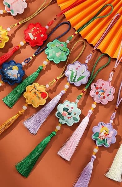 2-Pack Floral-Trimmed Hanging Charms: Blessing Scented Sachets, Peace Talismans, Portable Lotus-Shaped Car/Body Pendants, Festive Event Small Gifts