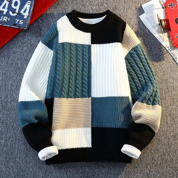 Autumn Winter Mens Round Neck Knit Sweater Fashion Plaid Knitted Pullovers Men Casual Loose Warm patchwork Sweaters 251010