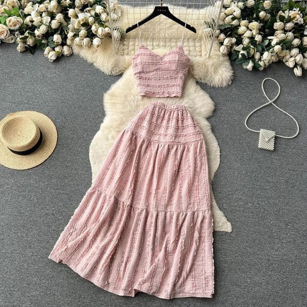 Summer Lace Patchwork Beach Two Pieces Sets Women Sexy CamisoleA Line Long Skirt Fashion Elastic Bohemian Suits 251011