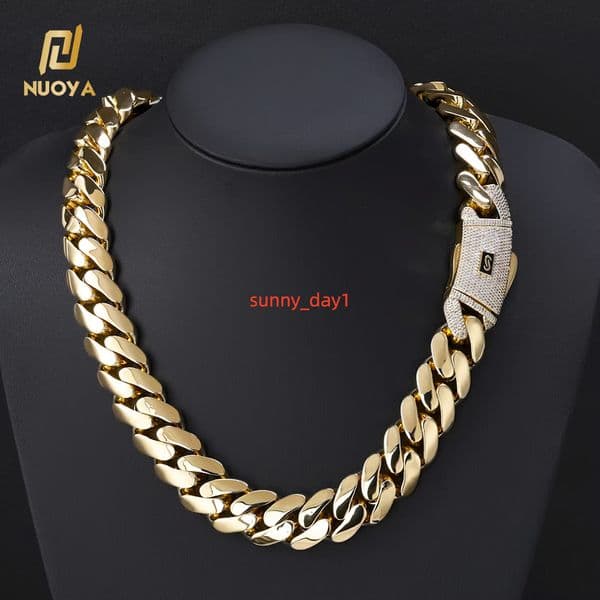 NUOYA Hiphop Jewelry Iced Out Diamond Clasp Flat Monaco Chain 14K Gold Plated Thick Cuban Link Chain Choker Necklace for Women Designer