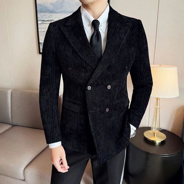 England Style Autumn Winter Men Corduroy Blazer Jackets DoubleBreasted High Quality Slim Fit Casual Blazer Jacket Man Black 251014