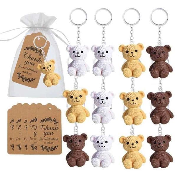 12 Set Bear Par Favors Bear Keychains with Organza Bags and Thank You Tags for Baby Shower and BearThemed Par FavorsXJ251015