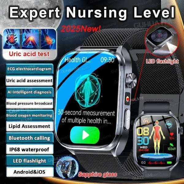 Micro Physical Exam Smart Watch For Men Accurate ECG Uric Acid Heart Health Analysis BT Call LED Flashlight Smartwatchs