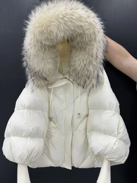 Winter Hooded Natural Large Fur Collar Down Jacket Women Short White Duck Down Outwear Female Lantern Sleeve Warm Quilted Jacket 251016