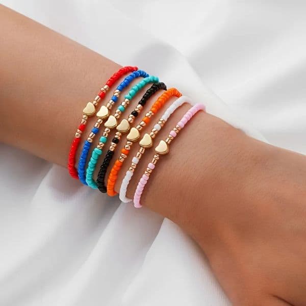7Pcs Colorful Rice Beads Bracelet Set For Women Fashion Heart Charm Elastic Beaded Chain Bangle Female Trendy Jewelry Gift 251015