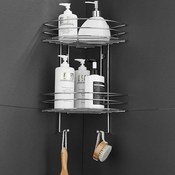 Stainless Steel Triangular Double-Layer Shelving Unit Bathroom Corner Storage Rack No-Drill Multi-Tier Storage Shelf No-Drill Multi-Tier Storage Rack