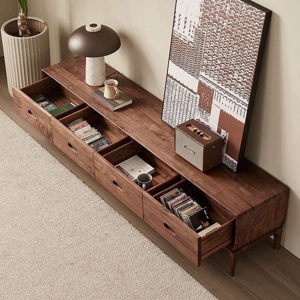 Nordic Luxury Solid Black Walnut TV Stand Handcrafted Wood Media Console with Storage Drawers