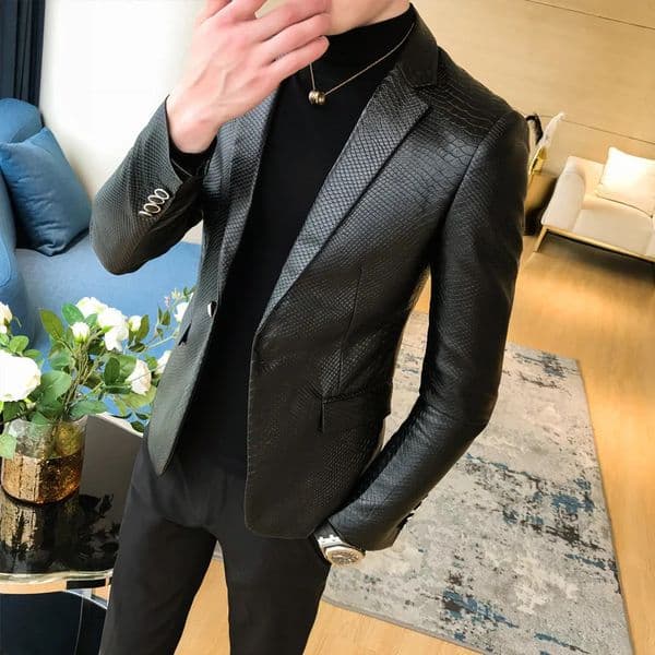 Slim Fit Blazers Jackets For Men PU Leather Suit Coats Men Leather Jackets Male Business Casual Suit Coats Man Blazers Size 4XL 251010
