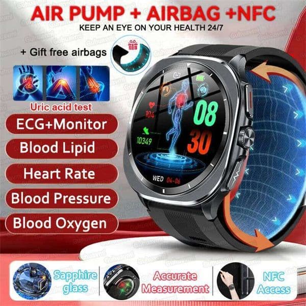 AI Diagnosis Smart Watch Men Air Pump Airbag ECG Uric Acid Heart Rate Blood Oxygen Health NFC Sport Smartwatches Women