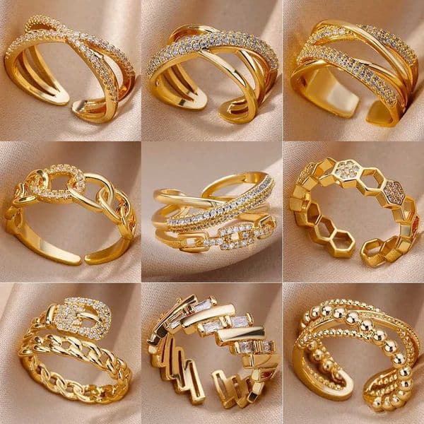 High quality gold designer diamond ring rings designer for women Fashion Gold Color Stainl Steel Rings For Wen Chain Hollow Out Crystal Zircon Finger Ring Jewelry