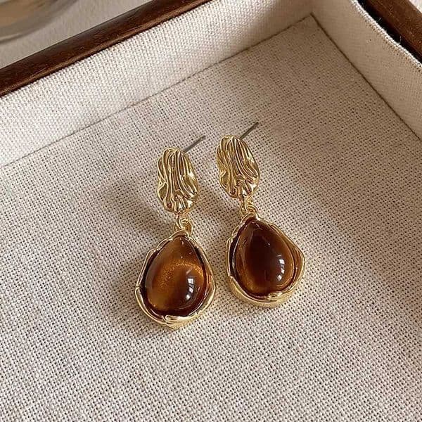 Womens Vintage Tiger Eye Stone Dangle Earrings Temperament Brown Resin Irregular Geometric Earring Girls Party Jewelry GiftsT251016