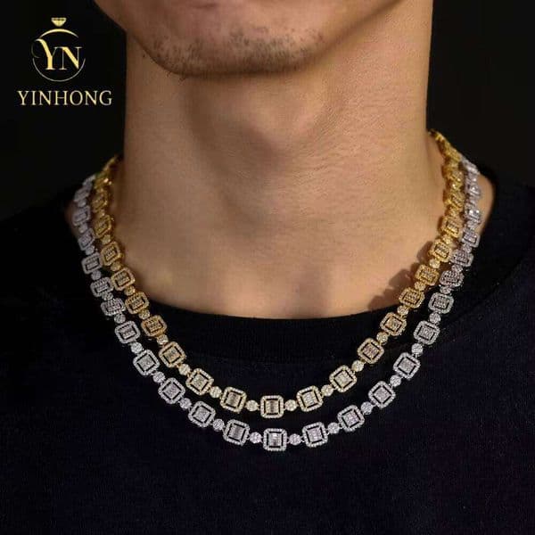 Hip Hop Jewelry Baguette Missanite Link Chain Sterling Sier Square Moissanite Cuban Necklace