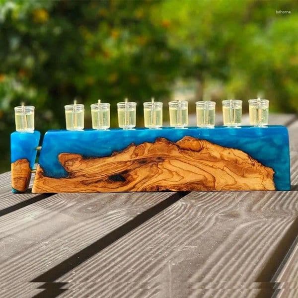 Candle Holders Menorah Oil Cup Candles Holder Hanukkah For Israel Olive Wood & Epoxy Chanukiah Gift Hanuka Judaica