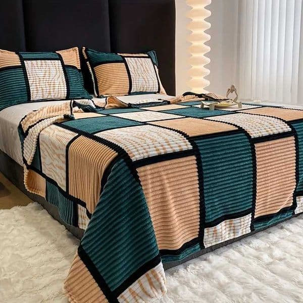 Plush Coral Fleece Blanket Geometric Print Thickened Grid Air Conditioner Office Leisure Home Blanket All Season Soft Cozy Throw W251016