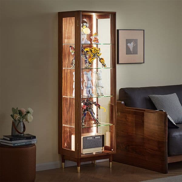 Solid Black Walnut Display Cabinet with Ambient Lighting Multifunctional Glass Storage for Collectibles and Decor